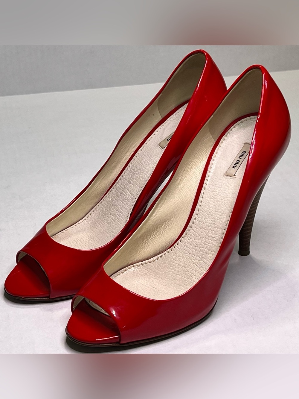Miu Miu Red Patent Leather Peep Toe Pumps Stiletto Heels EU 38 Made Italy
